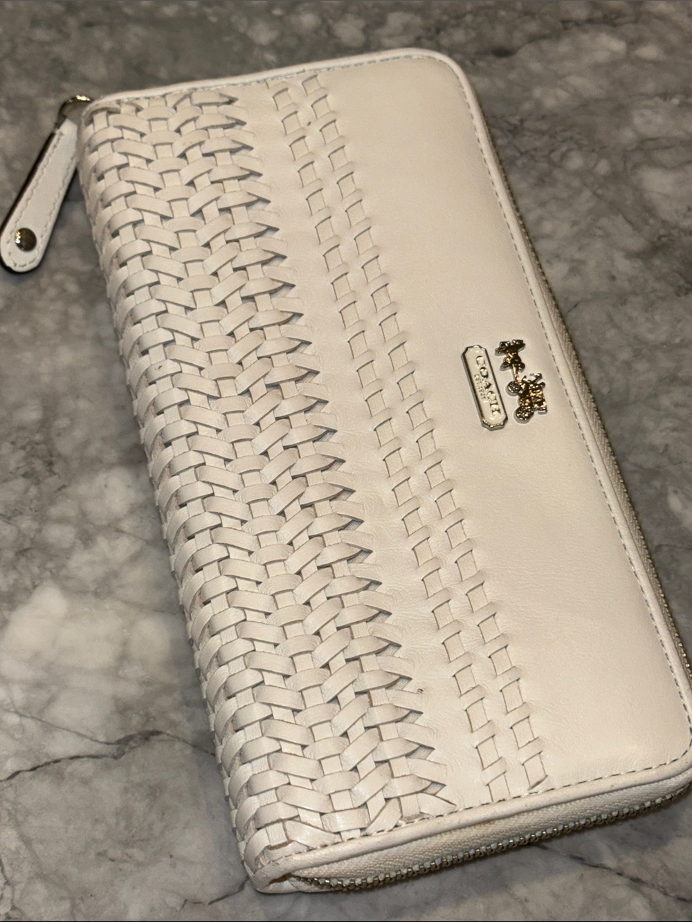 Coach Cream Woven Zip-Around Wallet with Gold Hardware